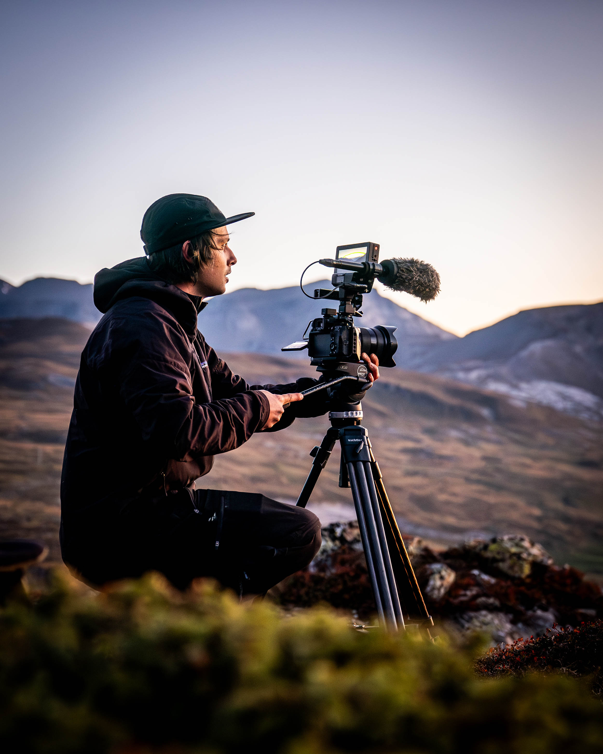 Mathias Wittwer filming during golden hour. Photo by Phillip Ruggli